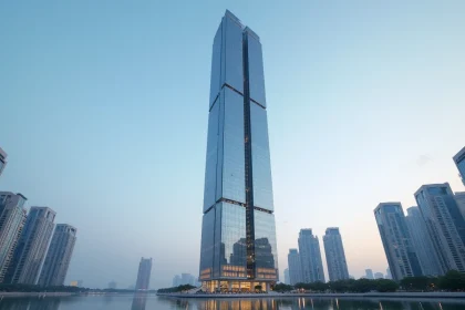 Vue extérieure de la tour Almas dans le quartier de Jumeirah Lakes Towers à Dubaï, reflet du lac au premier plan