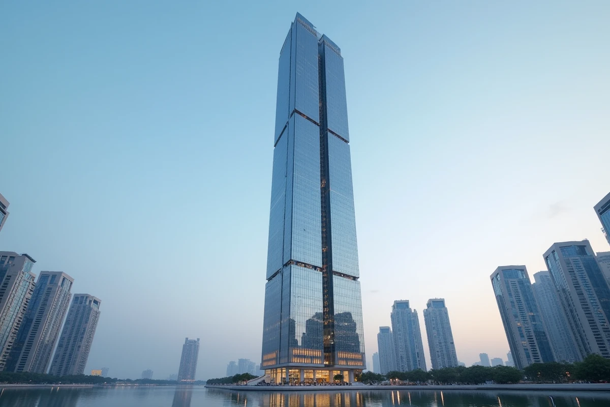 Vue extérieure de la tour Almas dans le quartier de Jumeirah Lakes Towers à Dubaï, reflet du lac au premier plan