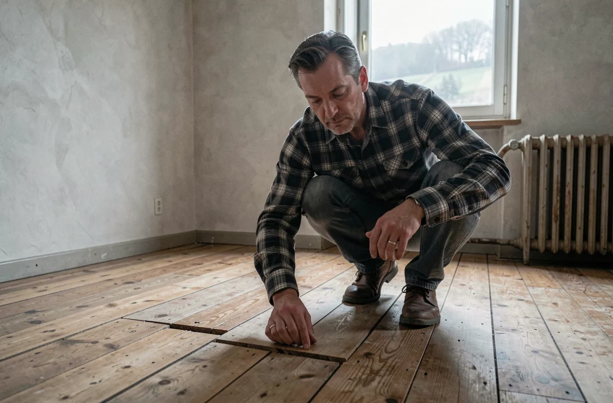 Un particulier vérifie l'état du parquet dans une maison vide à louer en Haute-Loire