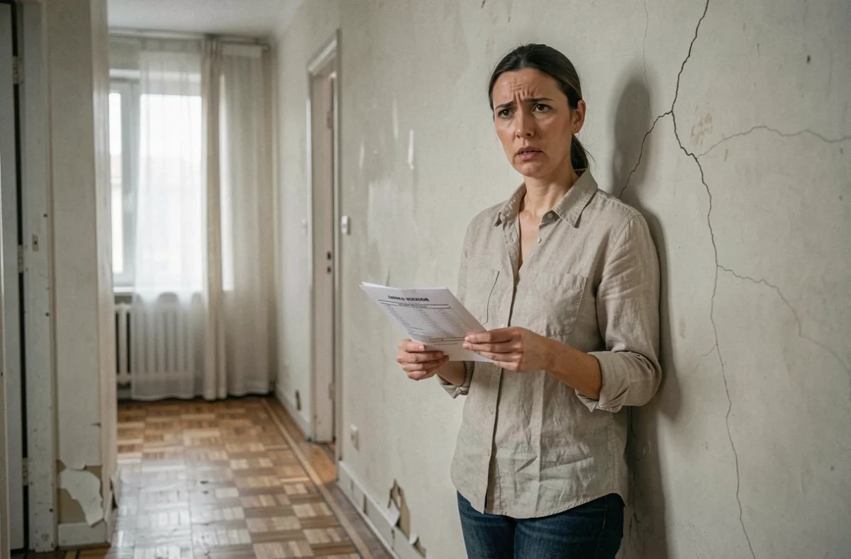 Propriétaire découvrant des vices cachés dans un appartement récemment acheté, tenant un rapport d'inspection immobilière