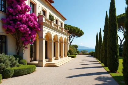 Façade majestueuse d'une villa Belle Époque sur la Côte d'Azur entourée de bougainvilliers et de cyprès avec vue sur la mer Méditerranée