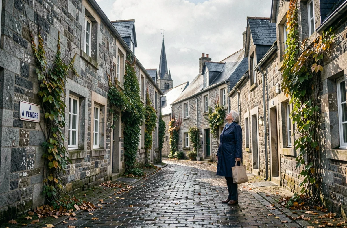 Femme retraitée devant une maison en pierre à vendre dans un village breton, avec toits en ardoise et ruelle pavée
