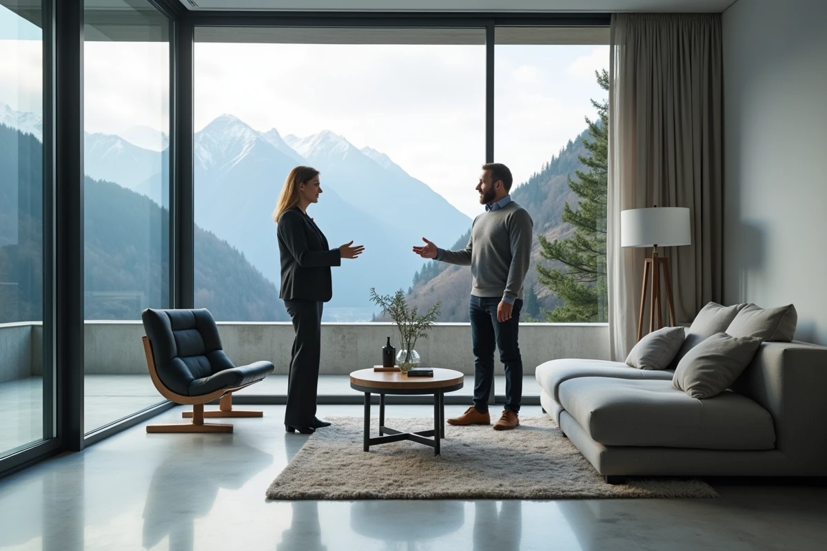Agent immobilier présentant un appartement moderne avec vue sur les montagnes en Andorre
