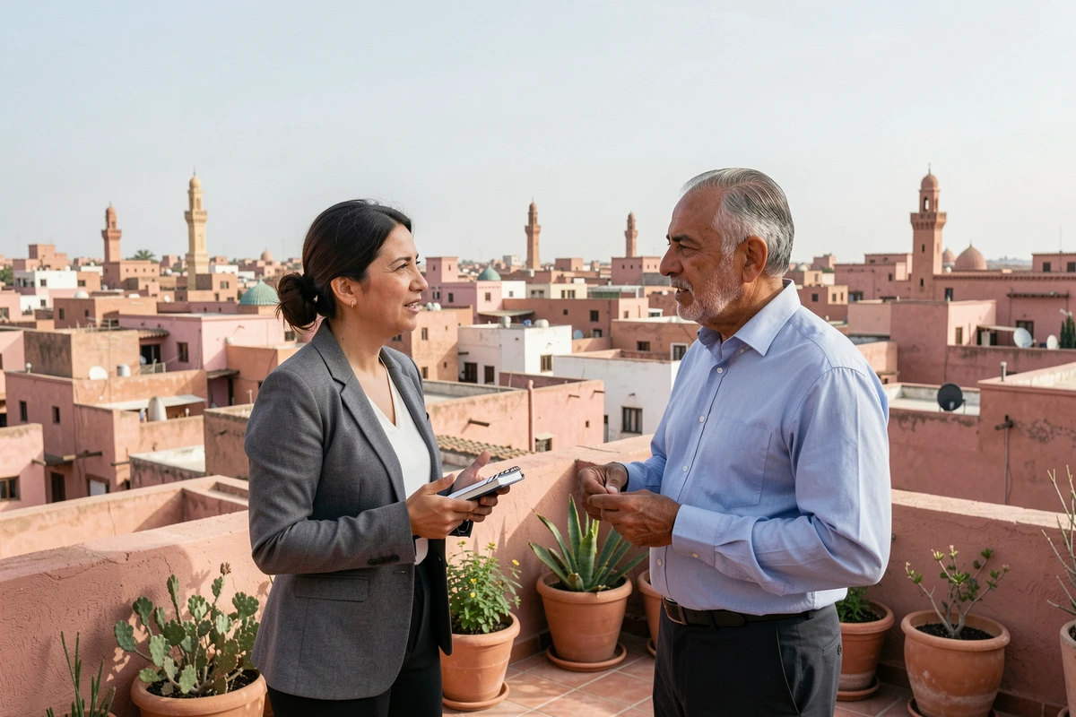 Femme étrangère en discussion avec un agent immobilier sur une terrasse avec vue sur la médina de Marrakech