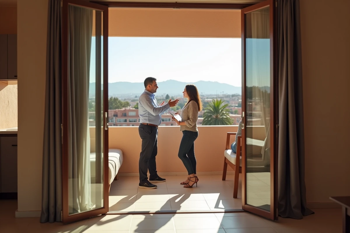 Agent immobilier faisant visiter un appartement à vendre dans le quartier Guéliz de Marrakech à un couple