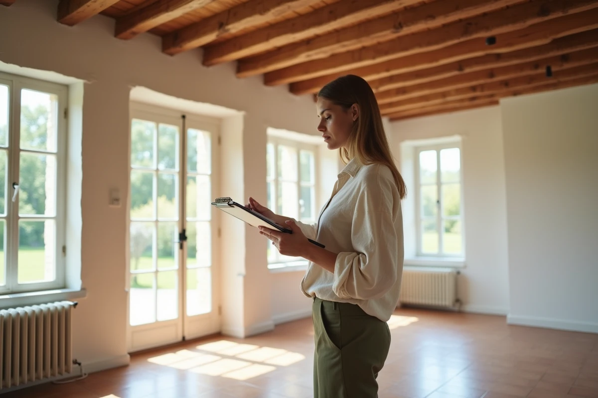 Femme visitant l'intérieur d'une maison à louer en Seine-Maritime avec poutres apparentes et tomettes