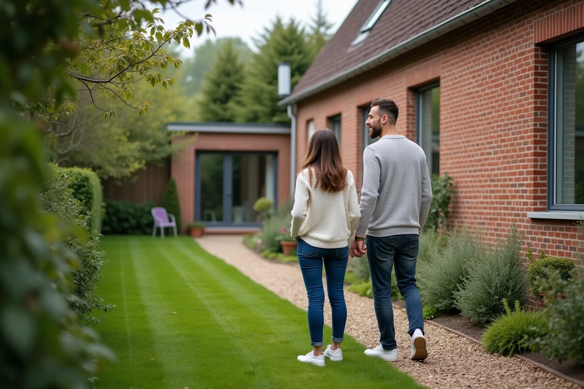 Couple visitant le jardin d'une maison à louer dans le département du Nord 59