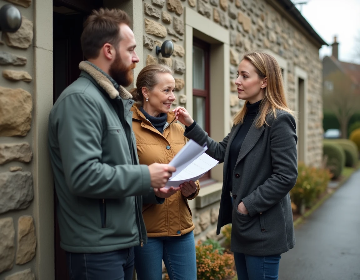 Couple visitant une maison de pêcheur à vendre en Bretagne avec un agent immobilier devant la façade en granit