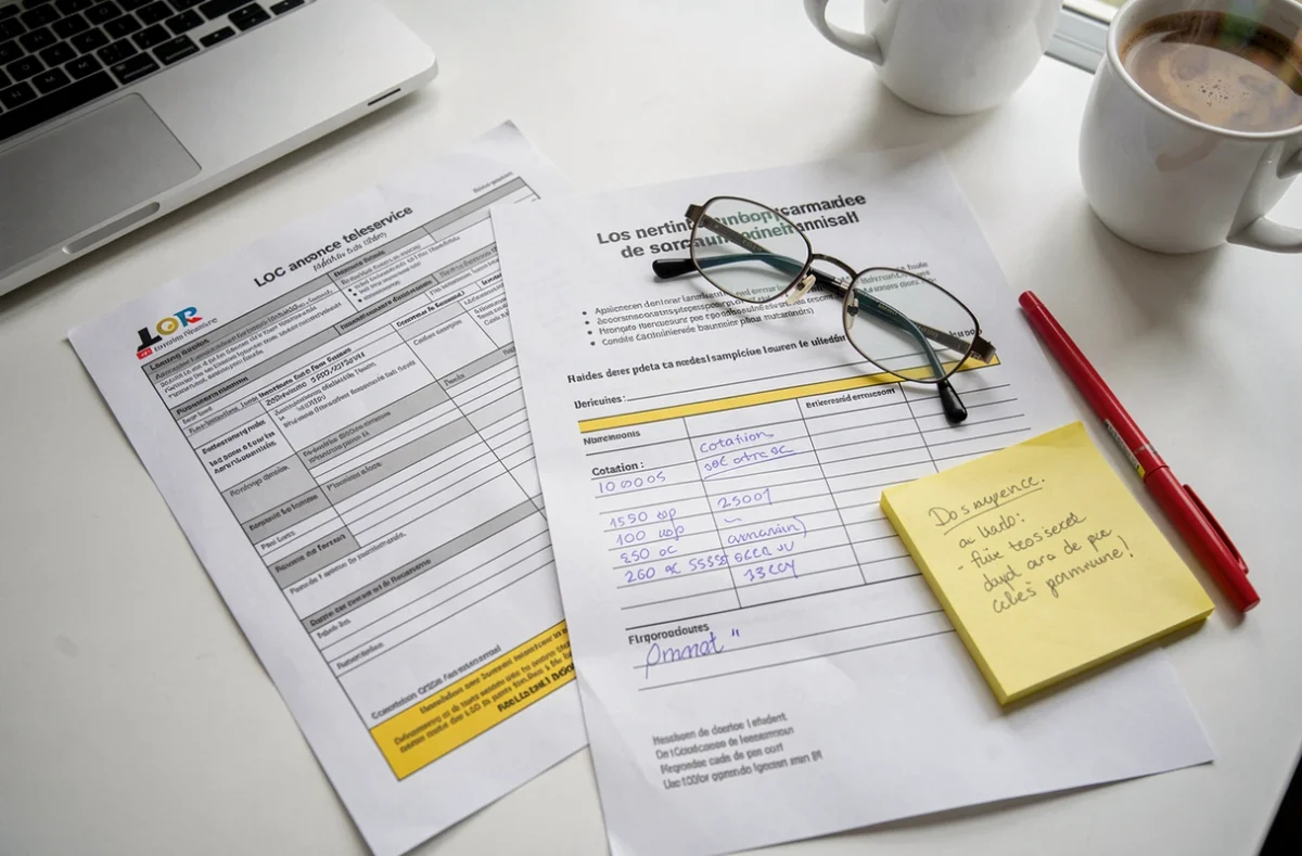 Vue aérienne d'un dossier de cotation logement LOC annonce avec formulaires administratifs et annotations manuscrites