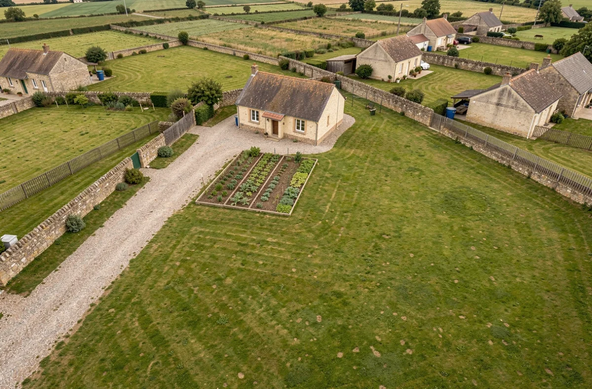Vue aérienne d'une parcelle résidentielle de 1500 m² soit 15 ares avec maison, jardin et espace vert en campagne française