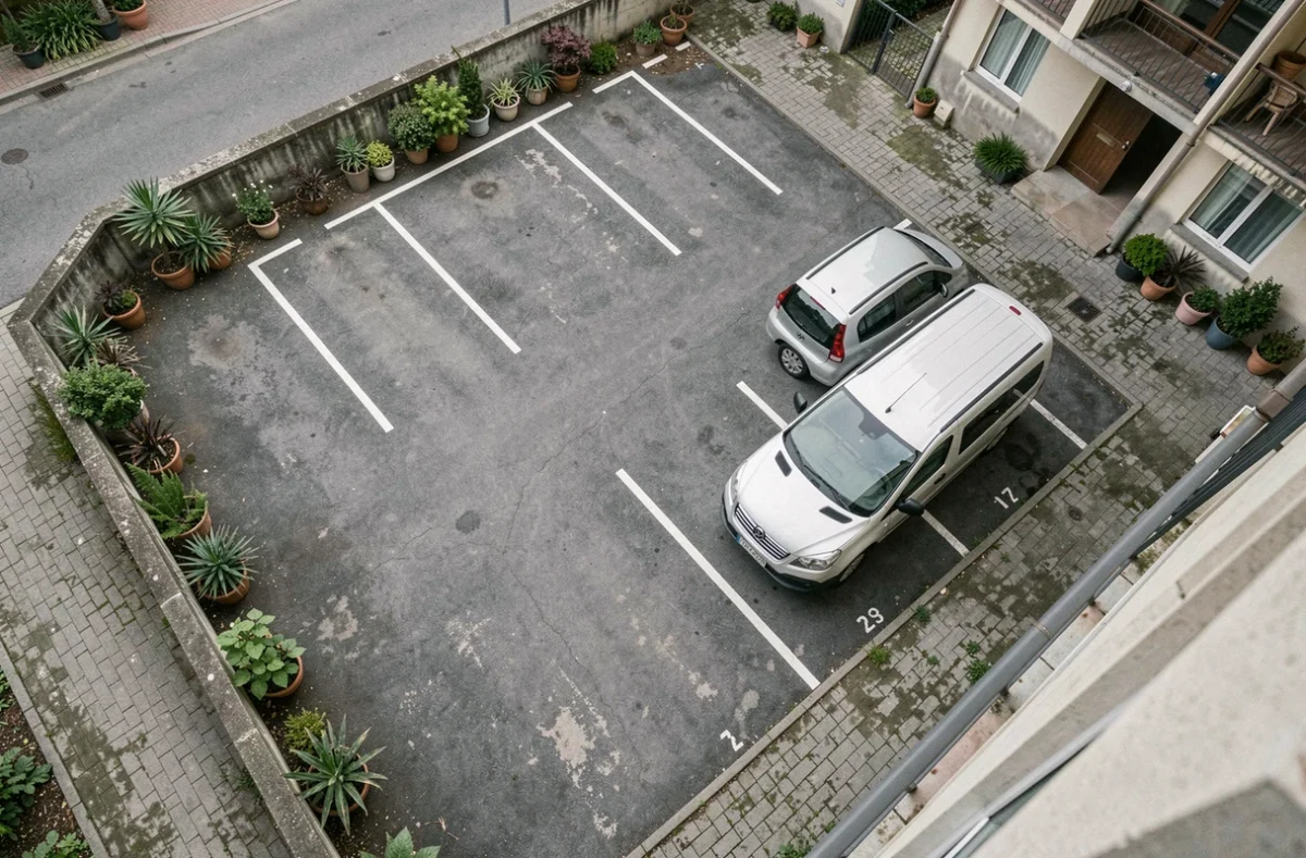 Vue aérienne d'un parking résidentiel montrant des places de stationnement de différentes tailles pour optimiser la rentabilité locative